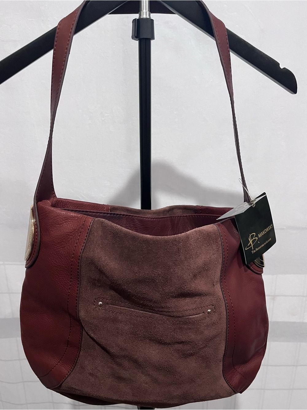B. Makowsky Burgundy Leather & Suede Shoulder Bag Hobo Purse NWT